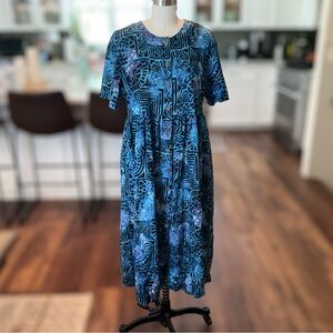 Vintage Hilo Hattie Blue Printed Button Up Midi Maxi Dress Hawaiian